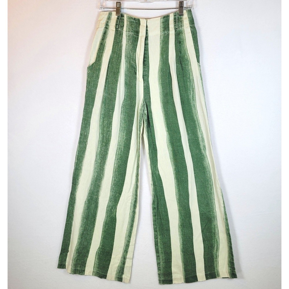 Simon Miller Women Striped Bloo Linen Wide Leg Pants Size 4 Green Beachy Pocket